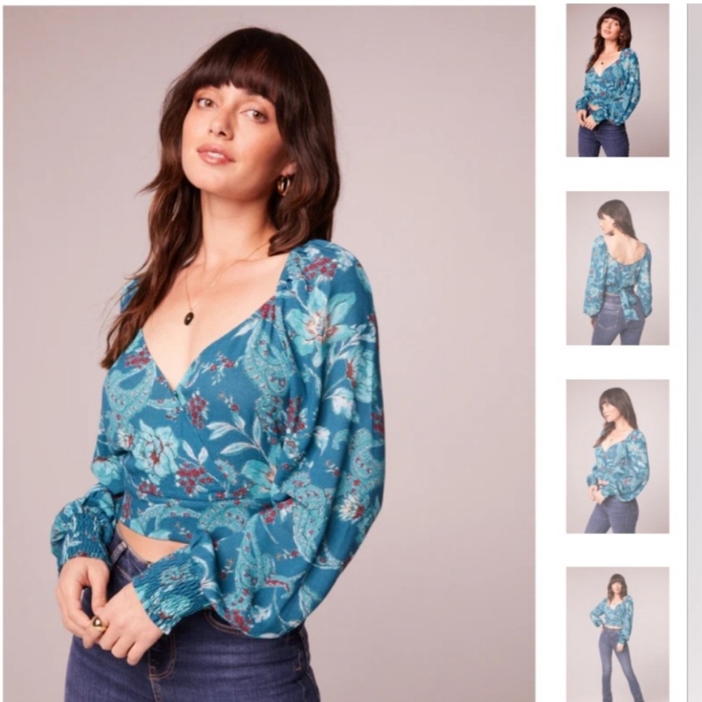 NWT Band of the Free Sybille Deep Teal Floral Wrap Crossover Crop Top Medium - Picture 2 of 7
